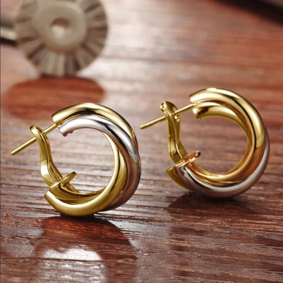 18K Gold & Silver Womens Two Tone Small Braided Twisted Hoop Earrings Jewelry - Picture 3 of 5